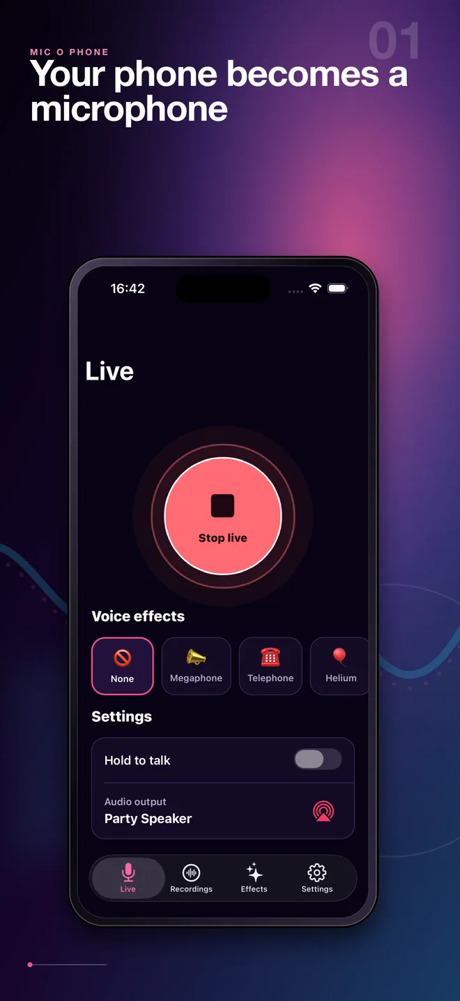 Mic O Phone live Bluetooth microphone screen in English