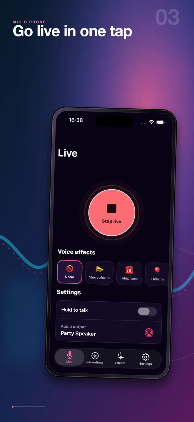 Mic O Phone ready-to-start live microphone screen in English