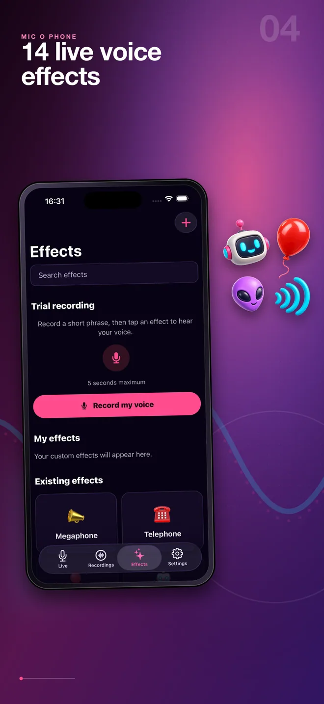 Mic O Phone voice effects library screen in English