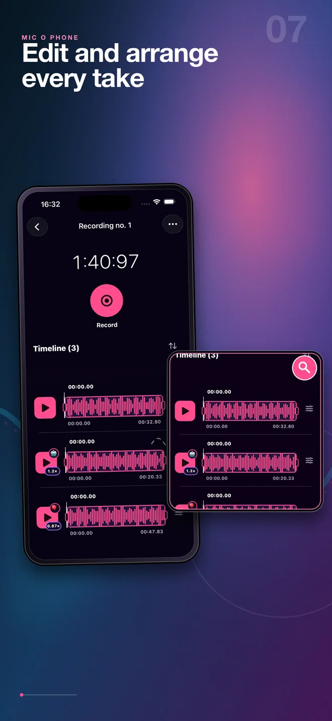 Mic O Phone multi-clip audio recording editor in English